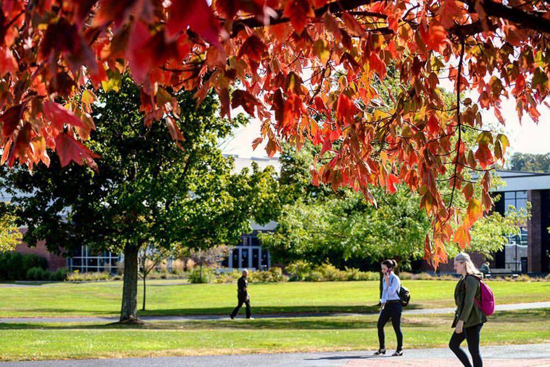 Utica Campus in the fall with red leaves