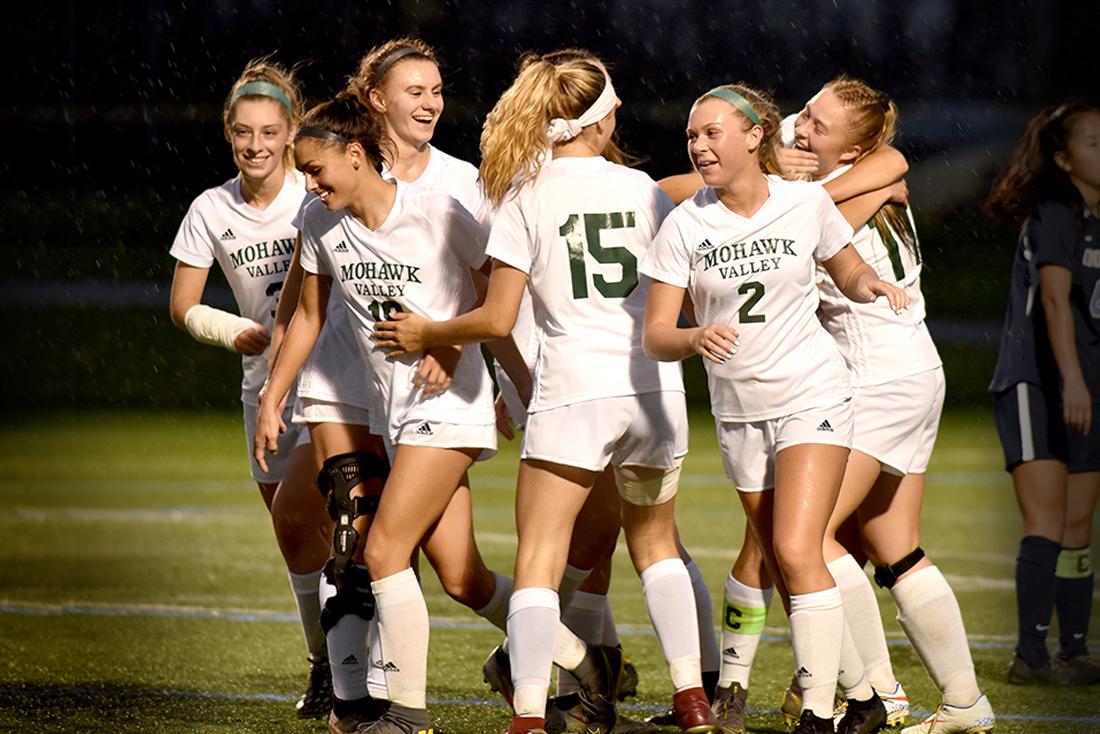 MVCC Women's soccer team players celebrate a victory