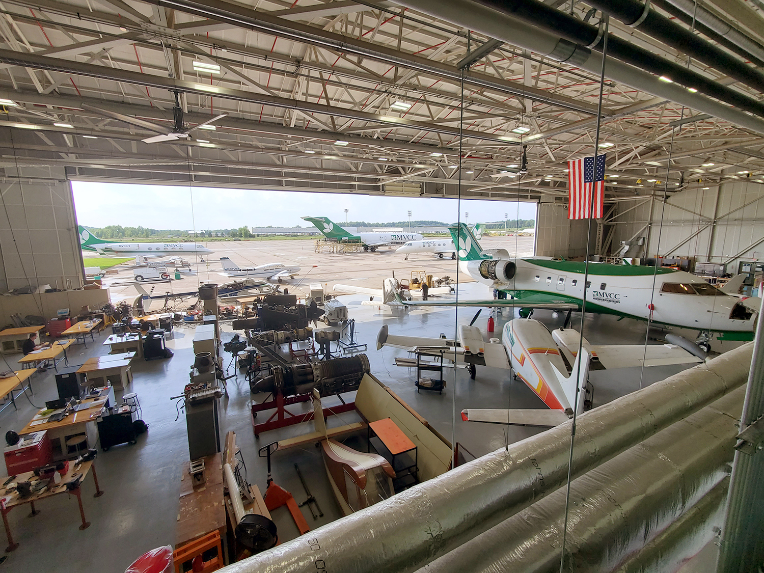 A wide look at the aircraft maintenance hanger.