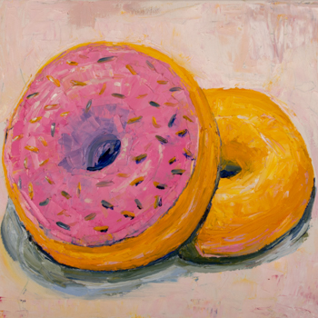 A painting of two donuts with pink frosting and sprinkles