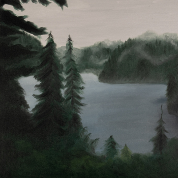 A painting of a lake surrounded by forest