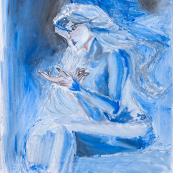 A painting of a sitting woman in an all blue color palette