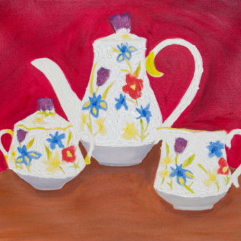 a painting of a white teapot and cups with floral pattern design