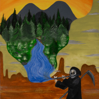 A painting of the Grim Reaper in a desert playing the flute. A natural river mountain scene is flowing from the flute.