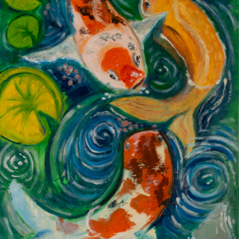 A painting of a koi pond with three fish