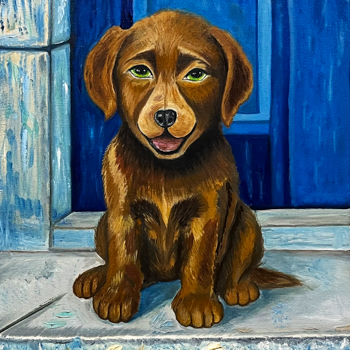 A painting of a brown puppy sitting in front of a blue door