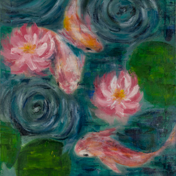A painting of a koi pond with three fish