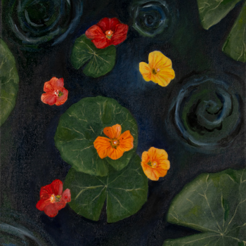 A painting of a koi pond with lily pads and flower.