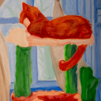 A painting of an orange cat on a perch looking out a window