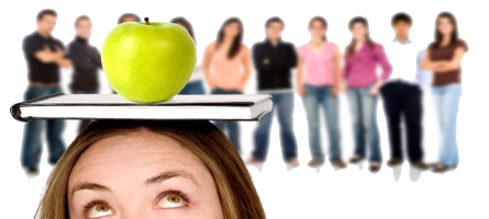 Image of Girl with a book and a apple balancing on her head