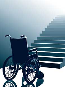 Empty wheelchair in front of stairs