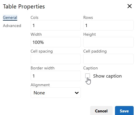Table Properties Dialog Box
