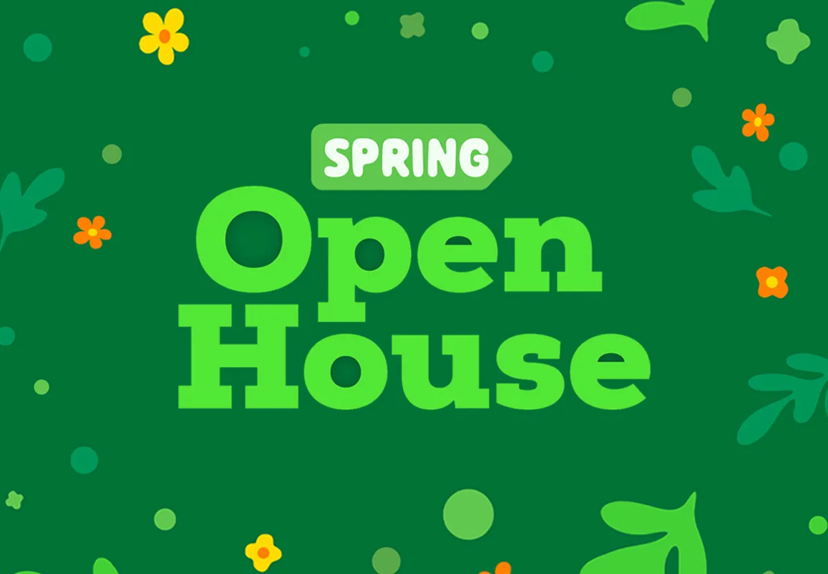 Graphic with dark green background and illustrated leaves and flowers around the edge. Text in center says Spring Open House in light green.