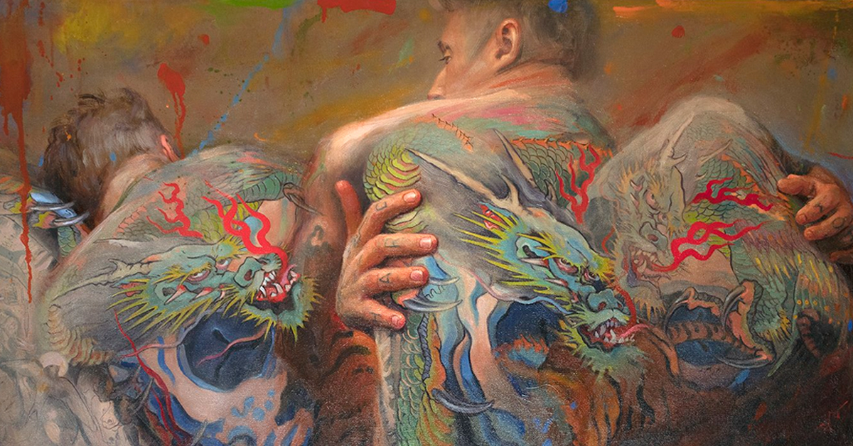 Image of painting of a man's back with large dragon tattoo