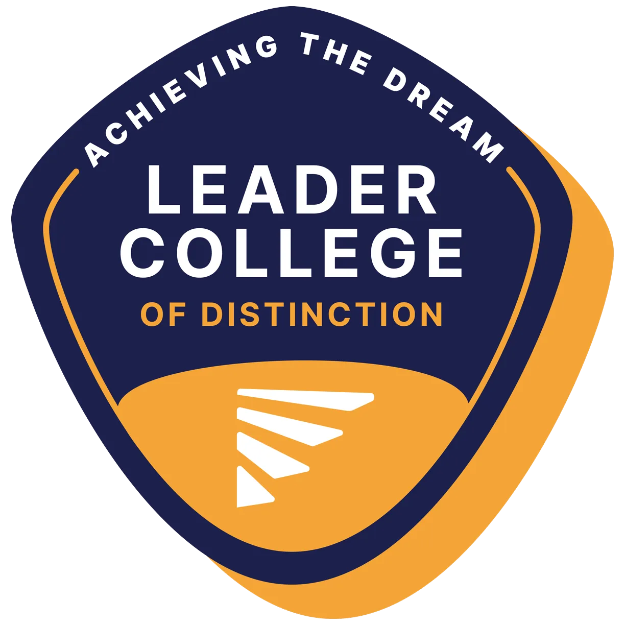 Blue and gold graphic with text: Achieving the Dream Leader College of Distinction