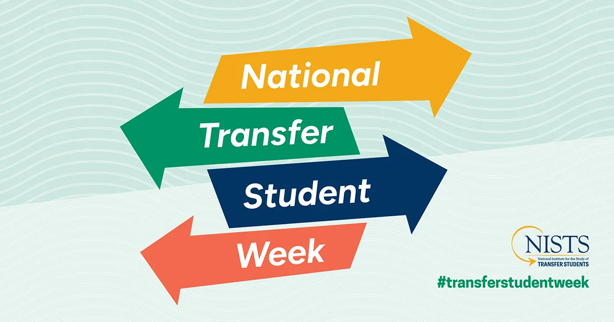 Graphic promoting National Transfer Student Week. Four colorful arrows point to the right, each containing one word: “National” (yellow), “Transfer” (green), “Student” (navy blue), and “Week” (coral). To the right, a coral starburst shape displays the dates “October 20–24” in white text. Bottom right corner includes the hashtag “#transferstudentweek” and the URL “mvcc.edu/transfer.” The background features light wavy lines.